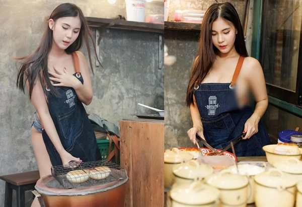 Đứng bán bánh, hot girl “mặc như không” khoe vòng 1 phát ngượng