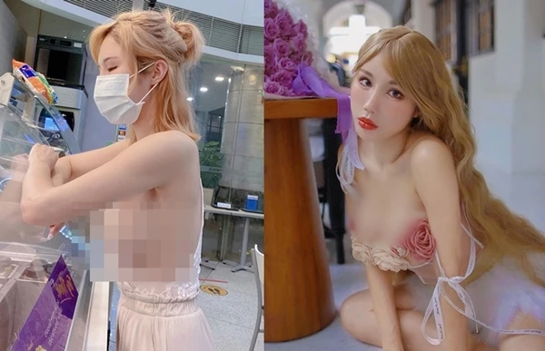 Ngượng đỏ mặt hot girl vô tư “thả rông” vòng một đi mua bánh