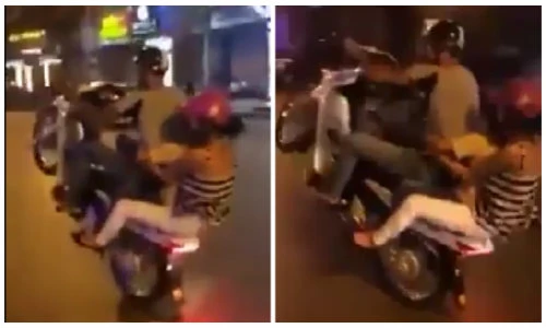 Phẫn nộ trai trẻ chở theo vợ con còn bốc đầu xe