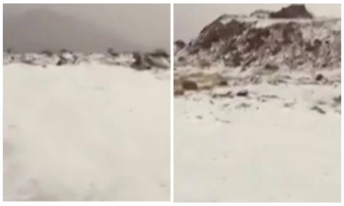 Cảnh hiếm có: Tuyết phủ trắng sa mạc khô cằn ở Ả Rập