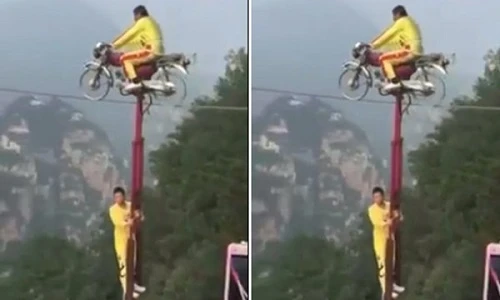 Video: Bỏ hai tay đi xe máy trên dây qua vực sâu