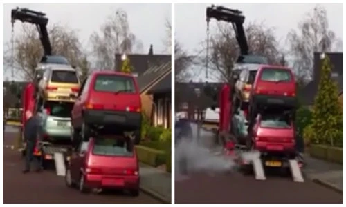 Kinh ngạc với cảnh ô tô cõng nhau lên xe tải