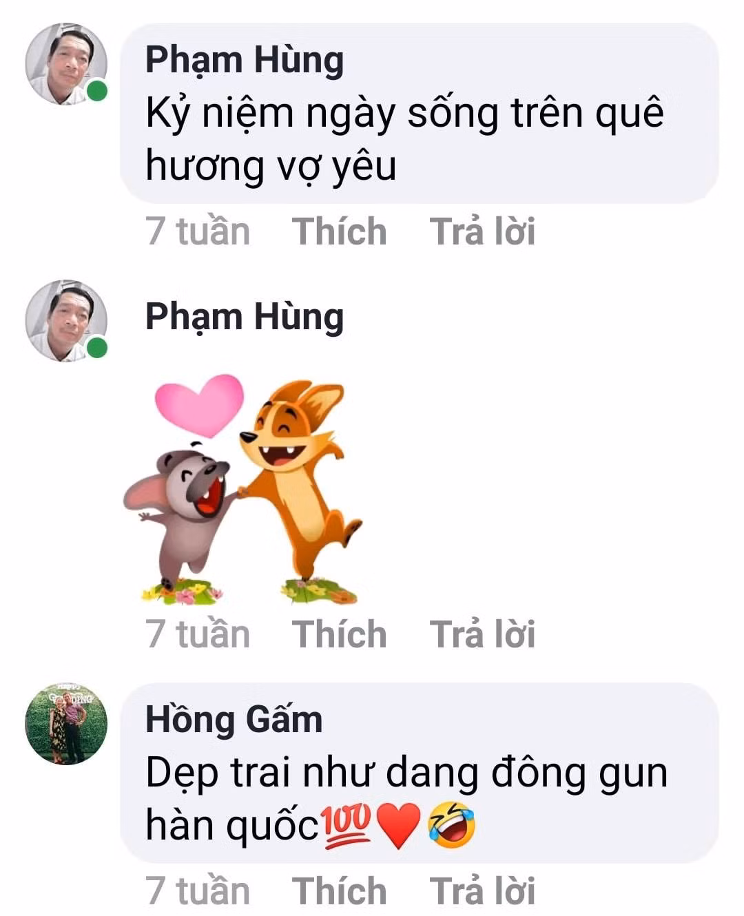 Đôi vợ chồng già Phạm Hùng - Hồng Gấm còn khiến các bạn trẻ ngưỡng mộ vì độ dễ thương khi hai người tương tác trên mạng xã hội. Người vợ Hồng Gấm không ngại dành lời khen cho chồng mình với phong cách rất hài hước: "Đẹp dai như Dang Đông Gun Hàn Quốc".
