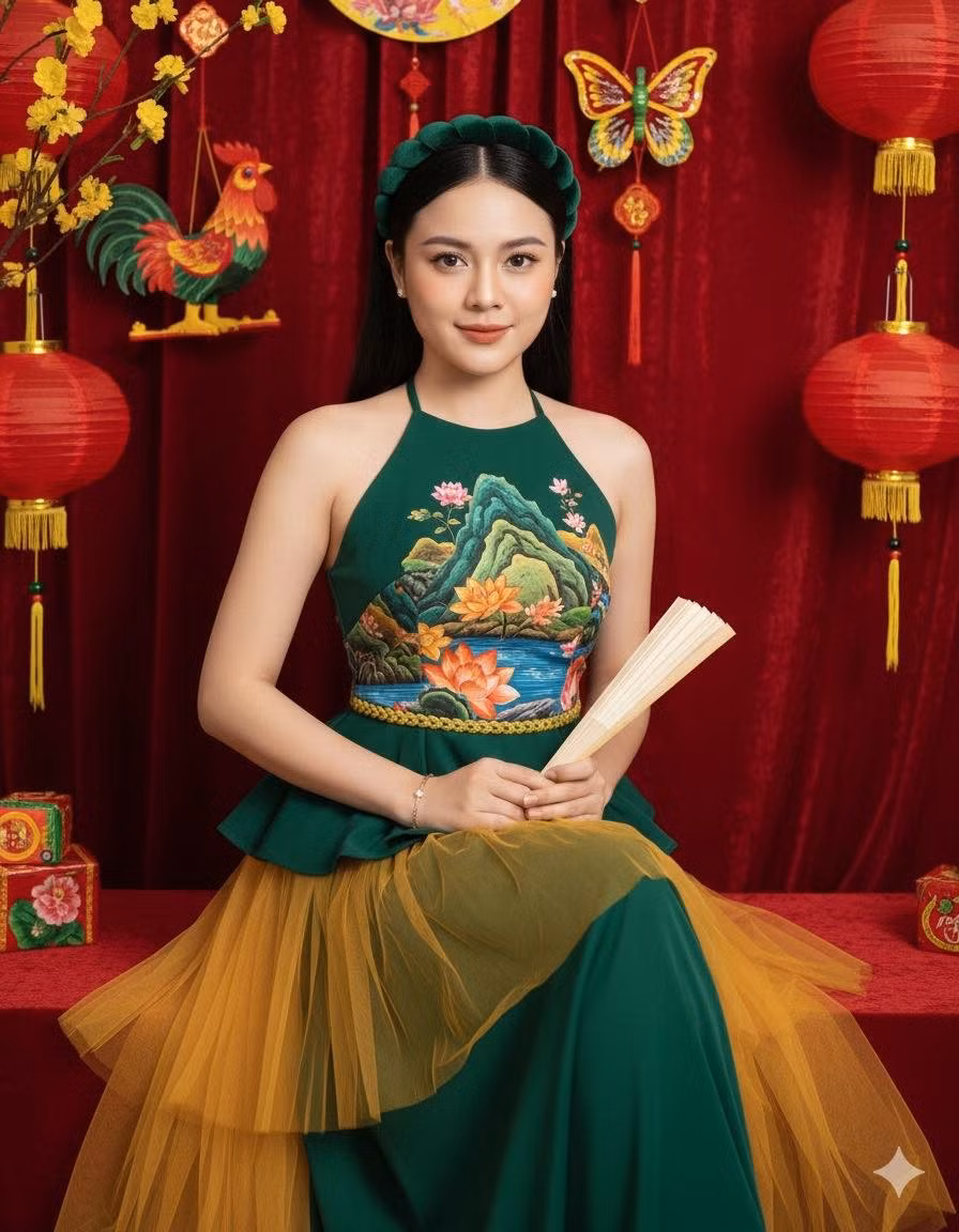 Thay vì phải chuẩn bị trang phục, thuê studio, nhiếp ảnh gia và làm việc nhiều giờ để có được bối cảnh hoàn hảo, Hằng Túi đã sử dụng công nghệ AI tiên tiến bằng cách cung cấp các câu lệnh (prompt) miêu tả ý tưởng, sau đó AI sẽ tự động xử lý và tạo ra hình ảnh chất lượng cao. (Ảnh: FBNV)
