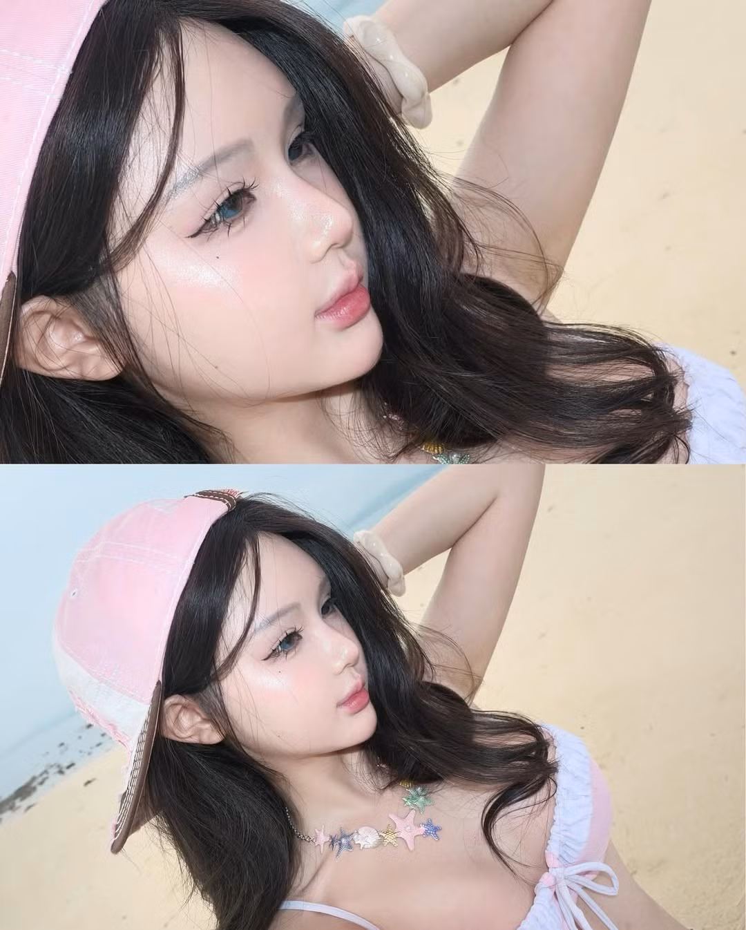 Cô nàng lựa chọn bộ bikini hai mảnh màu hồng pastel phối viền trắng, một tone màu cực kỳ ngọt ngào và nữ tính, nhưng không hề "sến", ngược lại lại rất thời thượng và hợp xu hướng mùa hè năm nay.