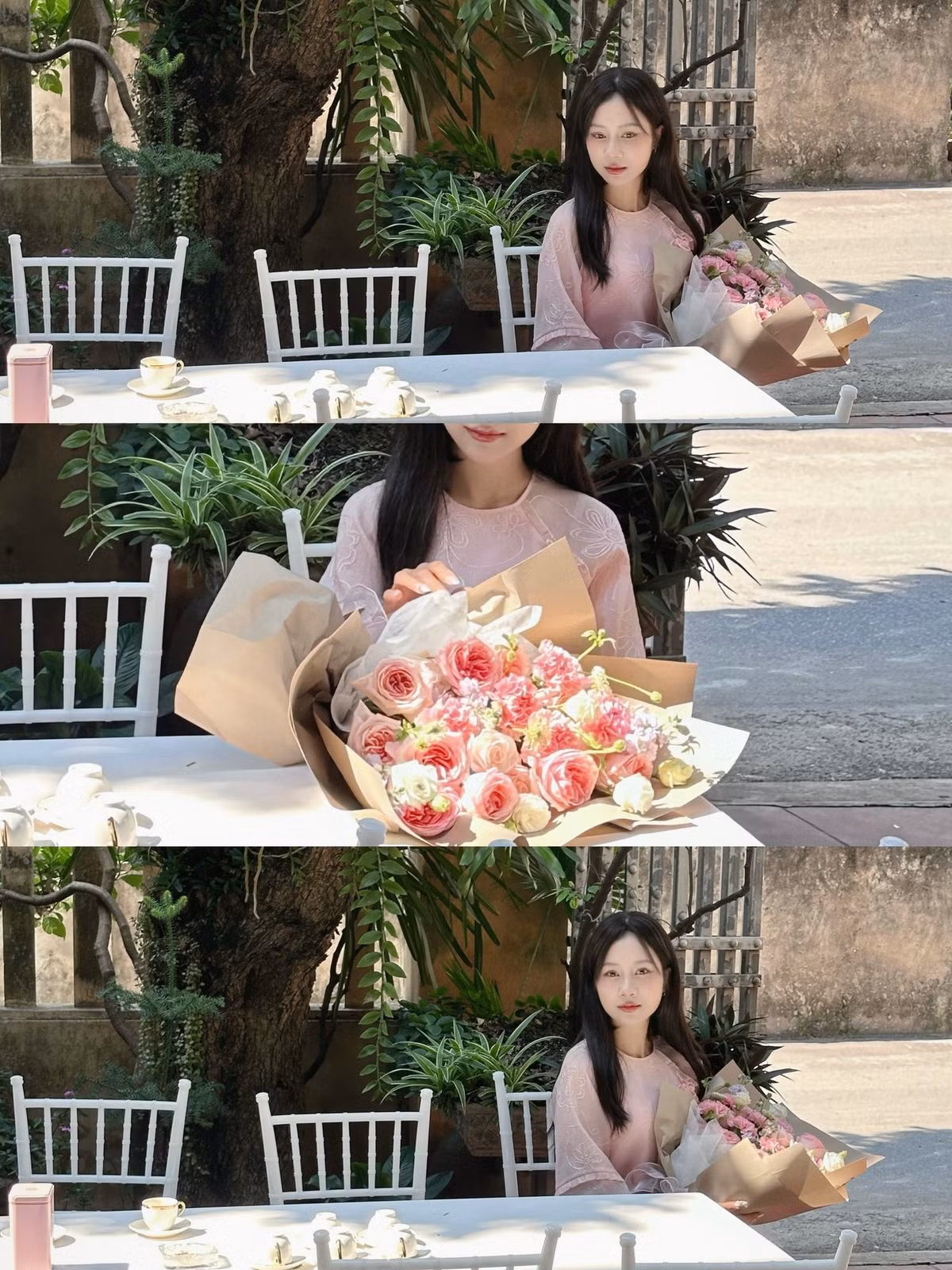 Cô nàng tạo dáng bên bàn tiệc trà ấm cúng, với hoa tươi ngập tràn sắc trắng hồng lãng mạn, cùng với chiếc phông nền ghi tên hai người Thanh Huyền &amp; Thanh Hải.