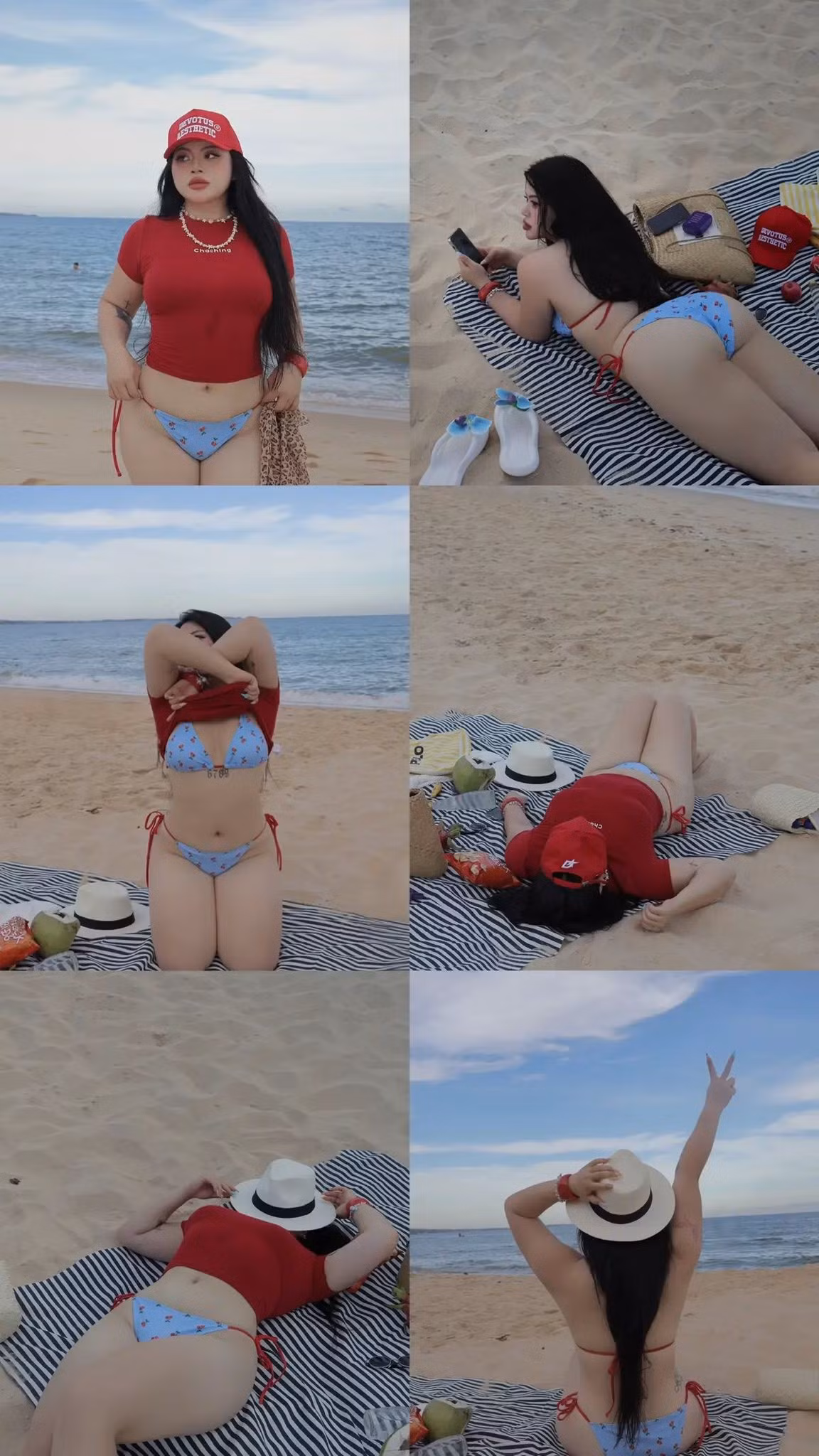 Xuất hiện trên bãi cát vàng, Cố Hữu Vi lựa chọn chiếc áo croptop màu đỏ tươi tắn kết hợp cùng quần bikini họa tiết xanh – trắng nổi bật. Cách phối đồ này không chỉ tạo nên vẻ ngoài năng động, trẻ trung mà còn giúp các nàng mũm mĩm tự tin hơn khi phần thân trên được che chắn một cách khéo léo mà vẫn tạo hiệu ứng cân đối cho cơ thể.