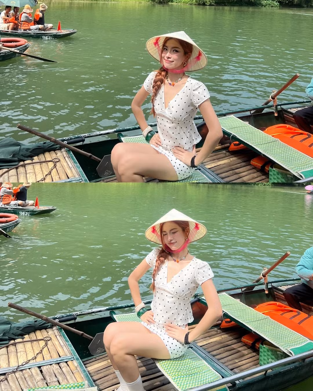Gương mặt cô nàng trang điểm nhẹ nhàng, làm nổi bật các đường nét thanh tú, đôi mắt trong veo và nụ cười rạng rỡ.