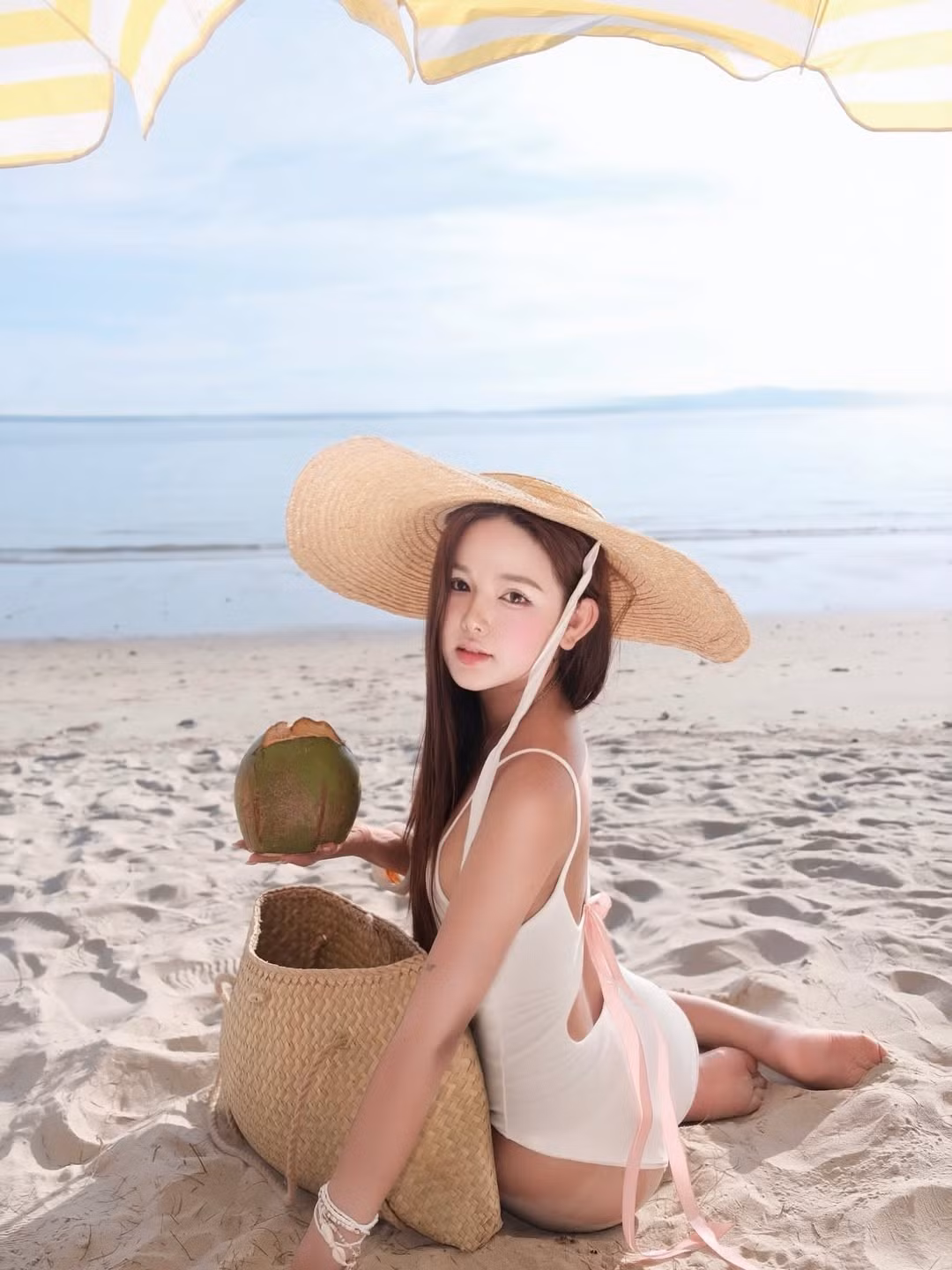 Trong một khoảnh khắc thư giãn trên bãi cát trắng, Thư Thỏ hóa thân thành nàng thơ dịu dàng với bộ bikini liền thân màu trắng tinh khôi. Thiết kế đơn giản nhưng tinh tế với điểm nhấn là những dải ruy băng màu hồng pastel nhẹ nhàng ở phần lưng, tạo cảm giác thanh thoát và đáng yêu.