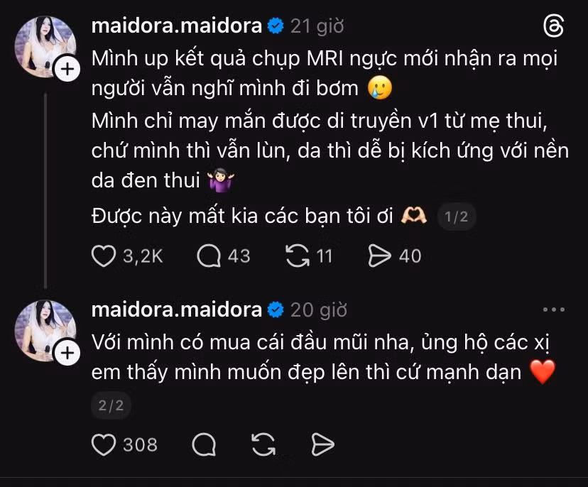 Trong bài đăng sau đó, Mai Dora cũng tranh thủ đập tan những tin đồn và lời bàn tán về vòng 1 của mình. Cô chia sẻ thẳng thắn về kết quả MRI để chứng minh rằng vòng 1 của mình là tự nhiên do di truyền chứ không phải do "bơm" như nhiều người đồn đoán.