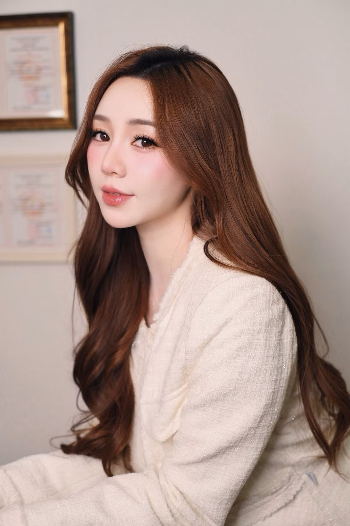 Lớp trang điểm má hồng nhẹ nhàng cùng màu son bóng tự nhiên càng làm tăng thêm vẻ ngọt ngào, trẻ trung, giúp cô nàng trông không khác gì một nàng thơ. (Ảnh: FBNV)
