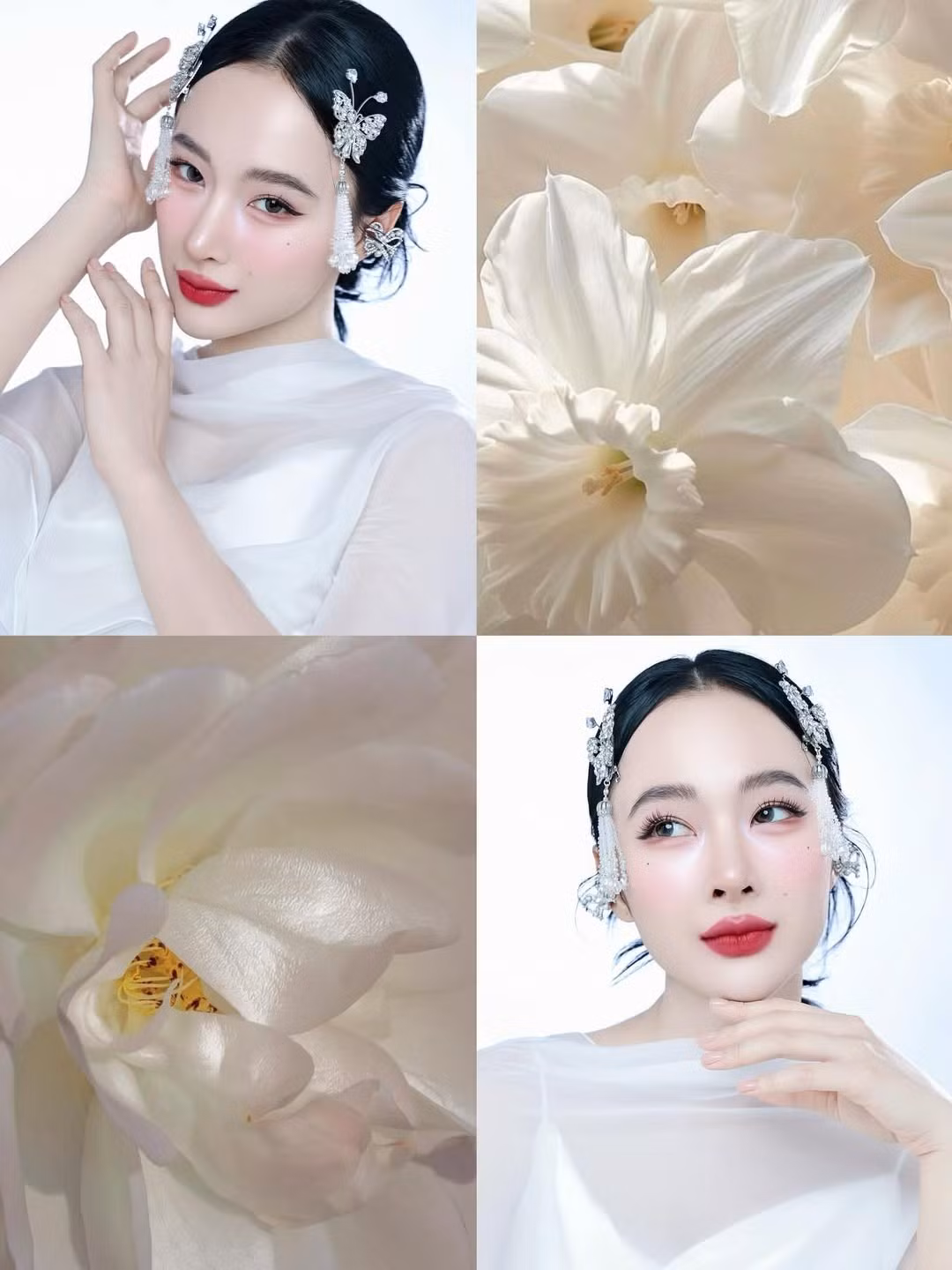 Cách trang điểm cũng có sự thay đổi rõ rệt: lớp nền trong trẻo, đôi má ửng hồng nhẹ nhàng và đặc biệt là đôi môi được tô son đỏ tươi, tạo nên sự quyến rũ vừa đủ, không quá đậm nhưng vẫn nổi bật. Đôi mắt được kẻ eyeliner tinh tế và điểm xuyết thêm hạt lấp lánh dưới mi mắt, khiến ánh nhìn của cô nàng trở nên mơ màng và cuốn hút.