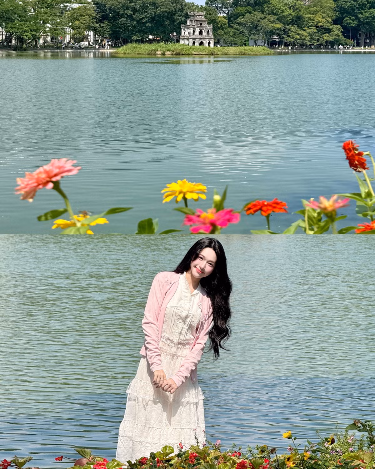 Hình ảnh Tháp Rùa cổ kính hiện lên phía xa trong một bức ảnh càng làm tăng thêm vẻ lãng mạn, nên thơ cho toàn bộ shoot hình. (Ảnh: FBNV)