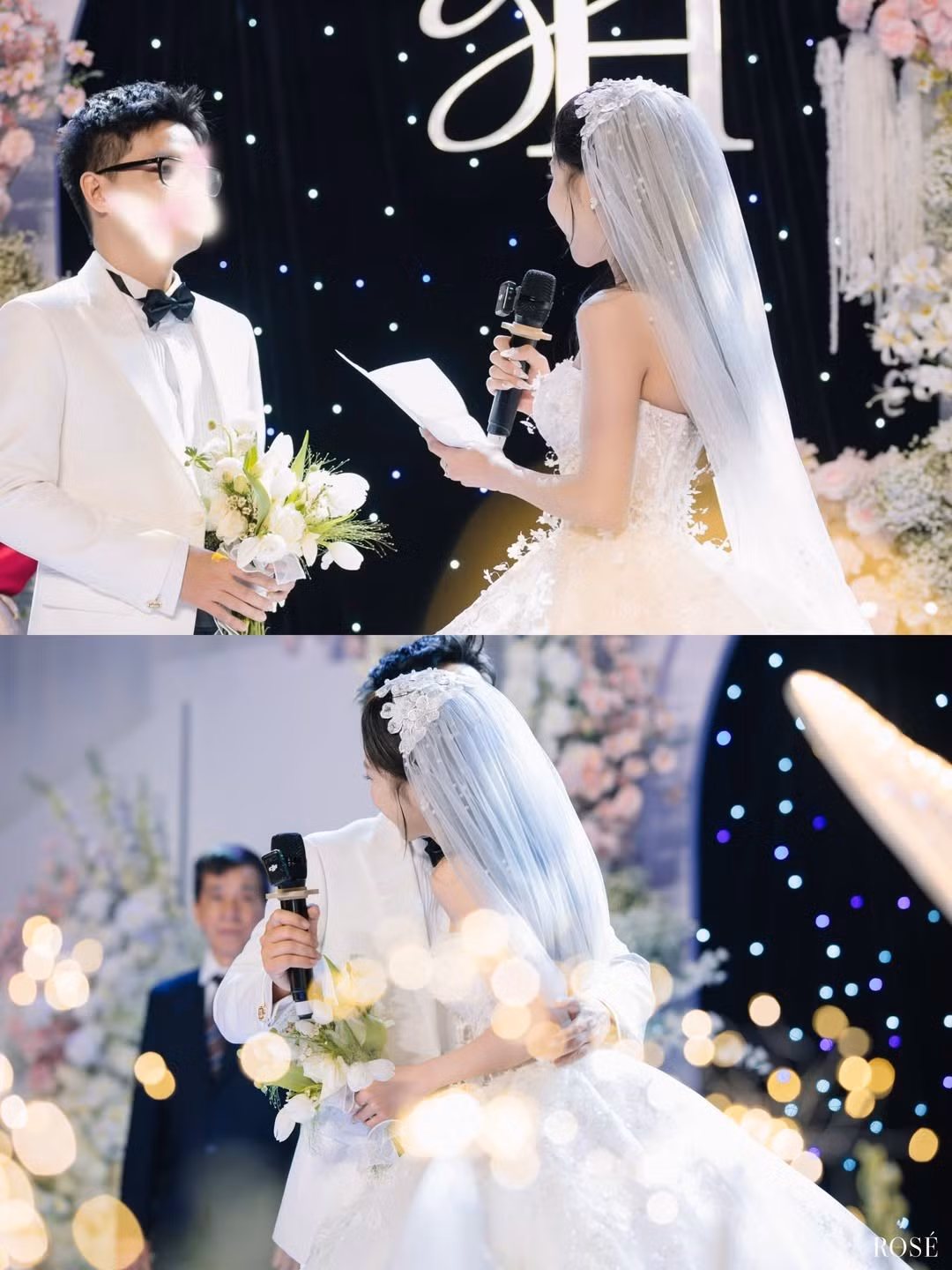 Trong những hình ảnh được chia sẻ, Nắng lộng lẫy trong chiếc váy cưới cúp ngực, tùng xòe bồng bềnh được đính kết ren và hoa nổi tinh xảo. Chiếc khăn voan dài, nhẹ nhàng phủ qua bờ vai, cùng phụ kiện cài tóc hoa ngọc trai, biến cô thành một nàng công chúa bước ra từ truyện cổ tích. (Ảnh: IGNV)