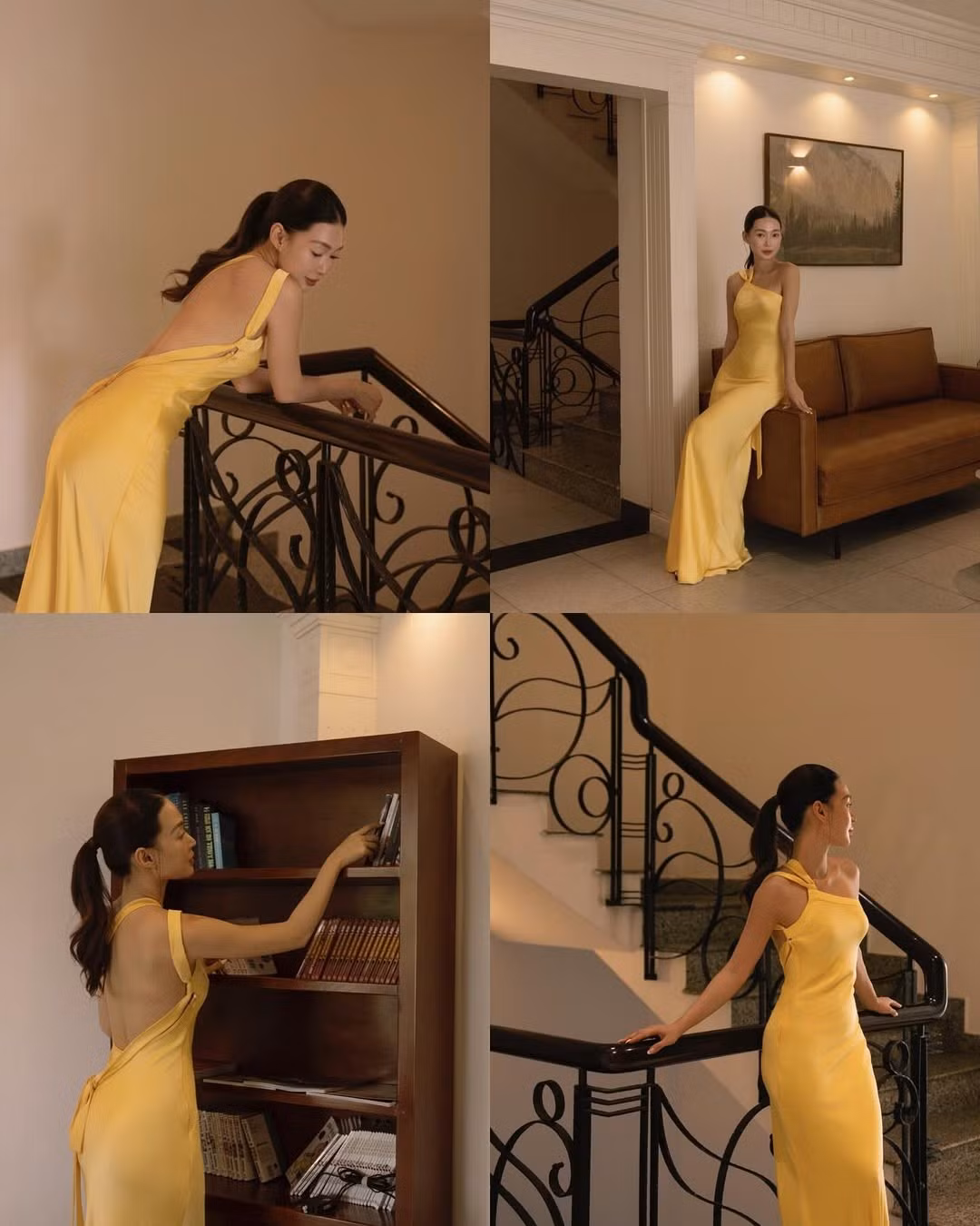 Cô nàng tạo dáng tự nhiên, có lúc quay lưng bước đi, có lúc tựa vào lan can suy tư, để lộ đường cong cuốn hút với thần thái sang chảnh ngút ngàn. (Ảnh: IGNV)