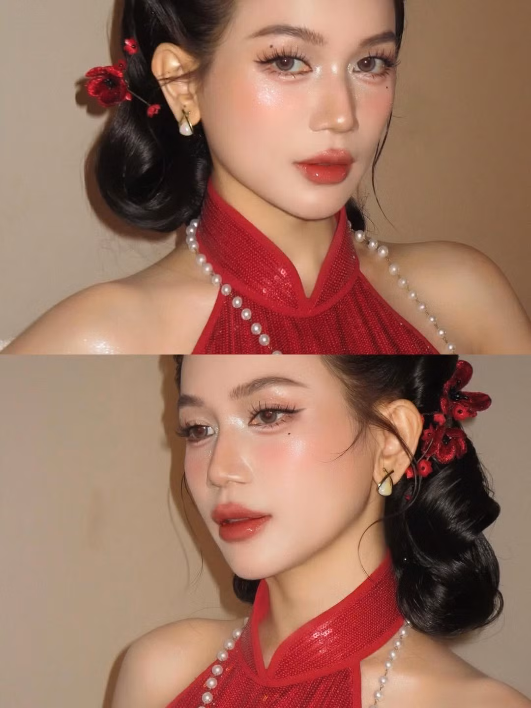 Cùng với đó, Sĩ Thanh lựa chọn kiểu tóc búi trễ, gắn thêm những bông hoa cùng tone đỏ rực rỡ, hoàn thiện vẻ ngoài kiêu kỳ, sắc sảo. (Ảnh: IGNV)