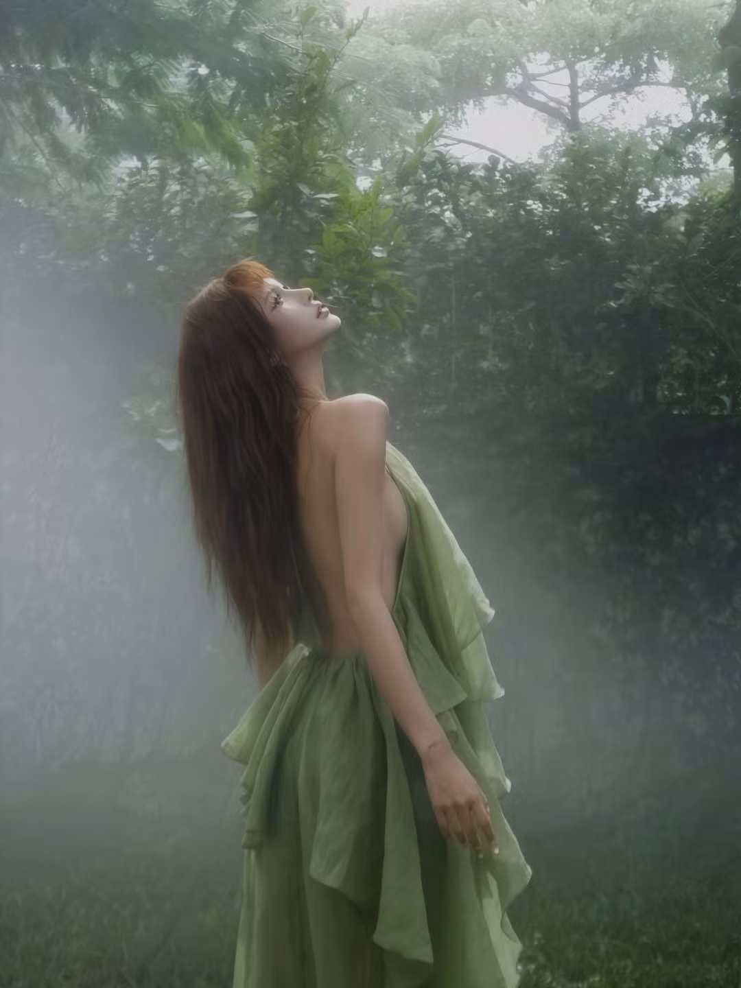 Trang phục không chỉ tôn lên vóc dáng mảnh mai, chuẩn người mẫu của cô mà còn hòa hợp tuyệt đối với phông nền cây cỏ, sương khói, khiến cô trông như một nàng tiên rừng tinh khôi và bí ẩn. (Ảnh: IGNV)