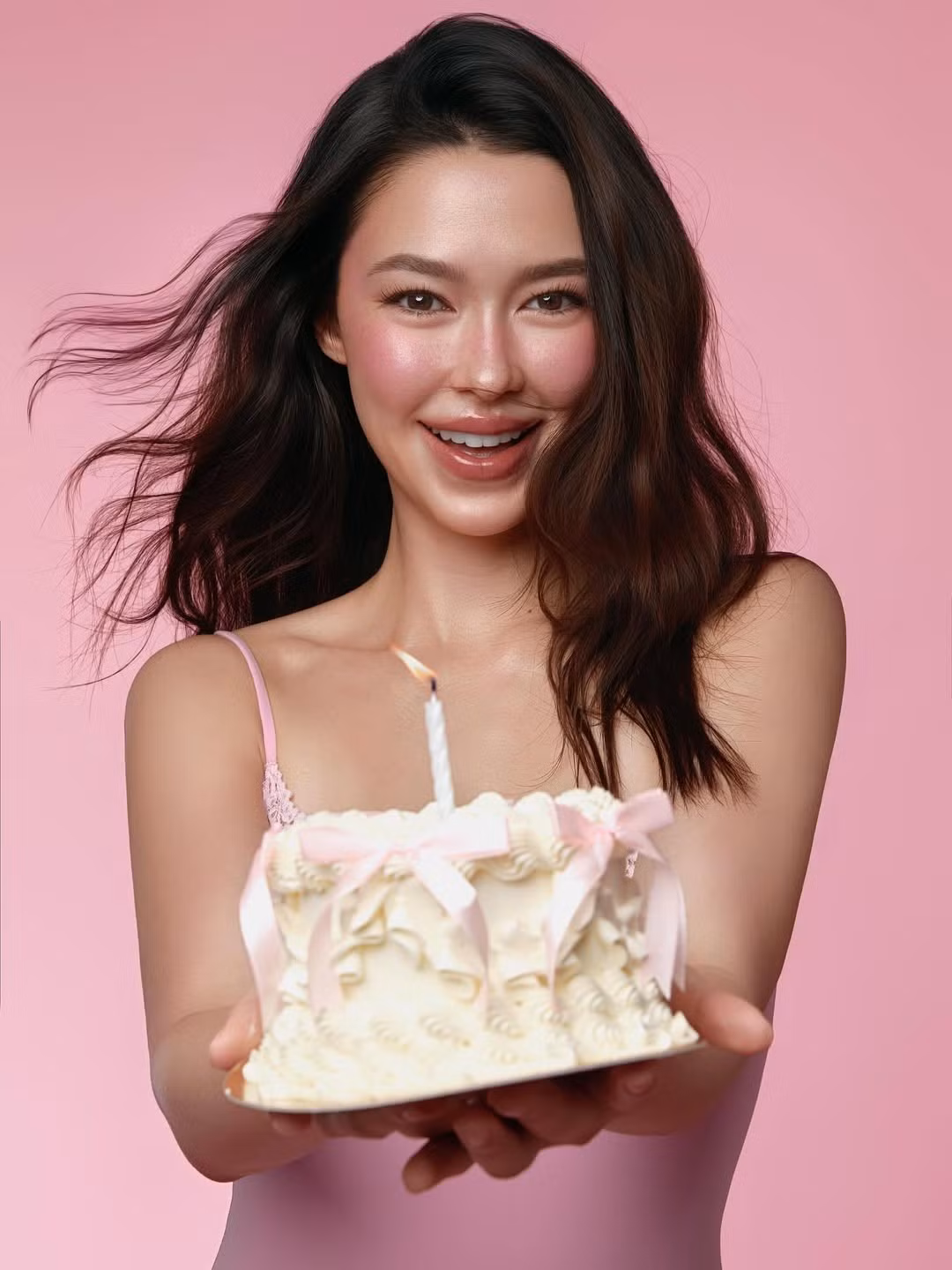 Trong bộ ảnh, "bông hồng lai" mang hai dòng máu Thái - Anh diện trang phục màu hồng nữ tính, khoe trọn vóc dáng thon gọn và làn da căng bóng. (Ảnh: IGNV)