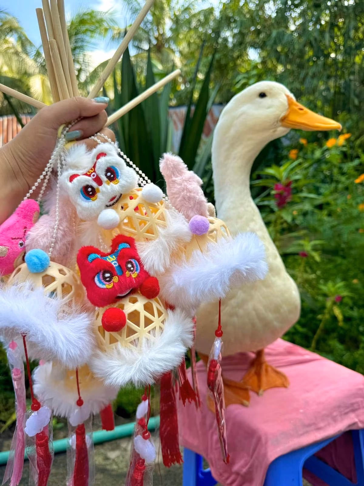 Chú vịt Bim Bim là một chú vịt bầu lông trắng, được Thùy Trang cứu sống khi còn là trứng hỏng và nuôi nấng từ nhỏ. Bim Bim gắn bó với Thùy Trang suốt khoảng 6 năm, trở thành một thành viên không thể thiếu trong gia đình. (Ảnh: Sâu Tivi)