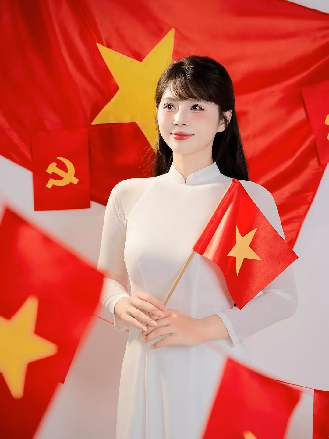 Không chỉ gây ấn tượng bởi vẻ đẹp dịu dàng, trong sáng, bộ ảnh còn truyền tải một tinh thần yêu nước sâu sắc, khơi gợi niềm tự hào dân tộc trong lòng người xem. (Ảnh: IGNV)