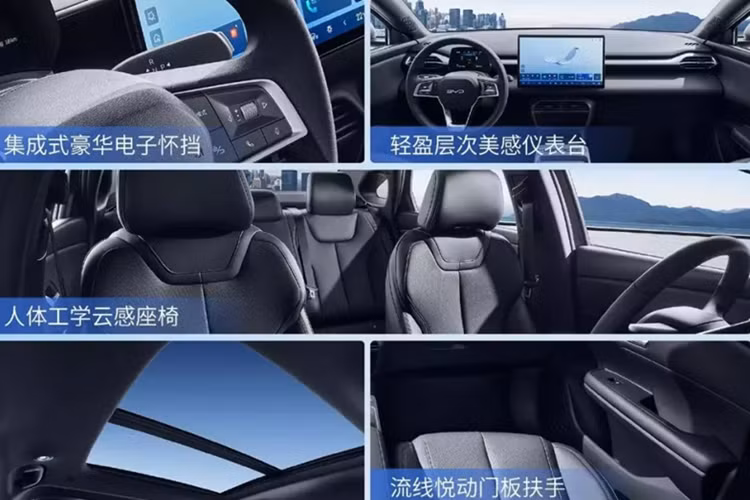 Với kích thước lớn, BYD e7 được trang bị nội thất 2 hàng ghế rộng rãi. Tuy là xe giá rẻ nhưng tân binh nhà BYD vẫn được trang bị màn hình cảm ứng trung tâm 15,6 inch, bảng đồng hồ kỹ thuật số với màn hình LCD 5 inch, và vô lăng đáy phẳng. Hệ điều hành của xe sử dụng nền tảng DiLink 100 do BYD phát triển.