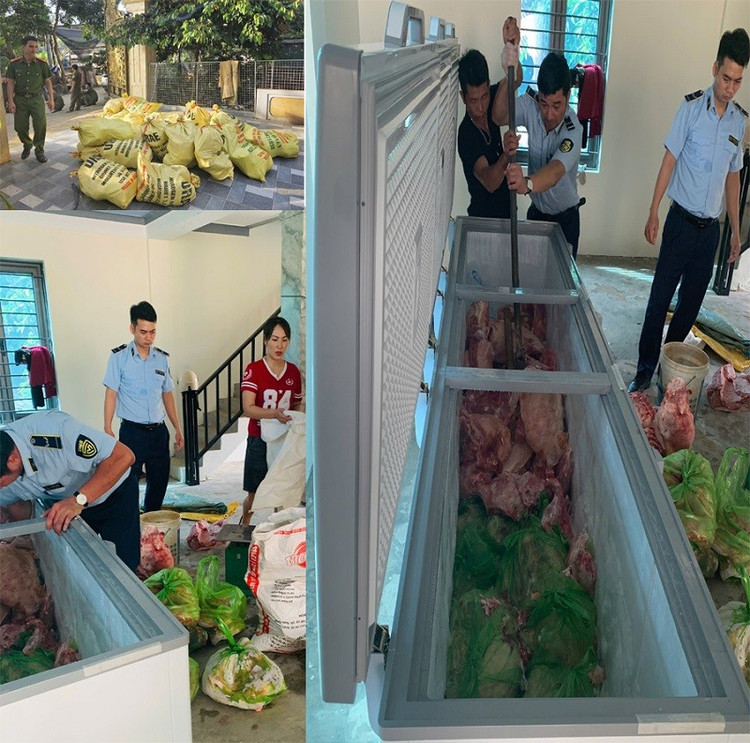 Lực lượng chức năng đã phát hiện và thu giữ tại nhà các đối tượng Lê Mạnh Đáng, Mai Văn Hùng và Ngô Thị Lan tổng số 1.609 kg thịt lợn. lon2.jpg