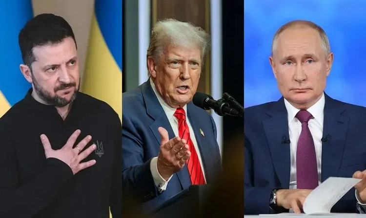 Từ trái sang: Tổng thống Ukraine Volodymyr Zelensky, Tổng thống Mỹ Donald Trump và Tổng thống Nga Vladimir Putin. Ảnh: Bloomberg/White House/Tass. ngauk.png