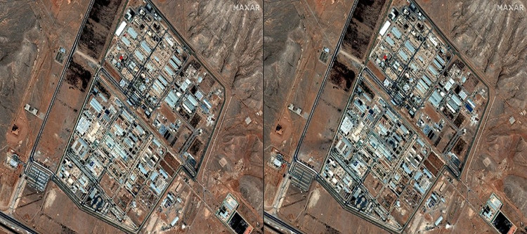 Ảnh vệ tinh chụp cơ sở hạt nhân Isfahan ở miền trung Iran vào ngày 3/6/2025 (trái) và vào ngày 14/6/2025 sau khi bị Israel tấn công (phải). Ảnh: Maxar. israeliran.png