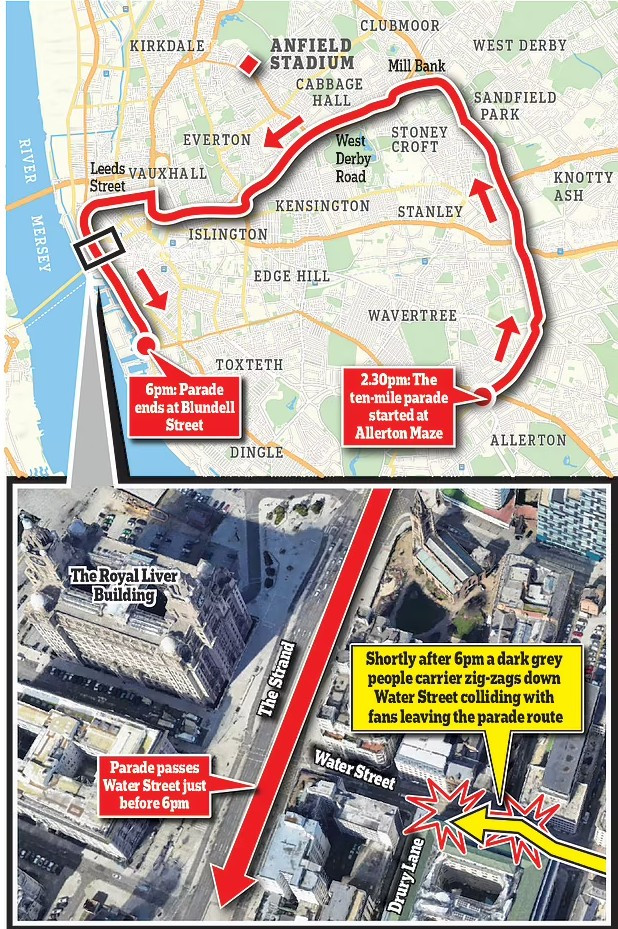 Daily Mail đưa tin, vụ lao xe vào đám đông đang ăn mừng chiến thắng của đội Liverpool trong Giải Bóng đá Ngoại hạng Anh xảy ra trên phố Water, Liverpool, vào khoảng 18 giờ ngày 26/5 (giờ địa phương). Ảnh: DM. xe0.png