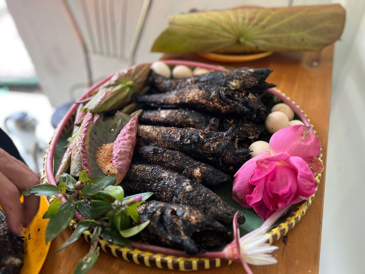Cá để nguyên con, không đánh vảy, không mổ bụng, xiên qua cây tre tươi rồi nướng trực tiếp trên rơm rạ. Ảnh dulichvietnam