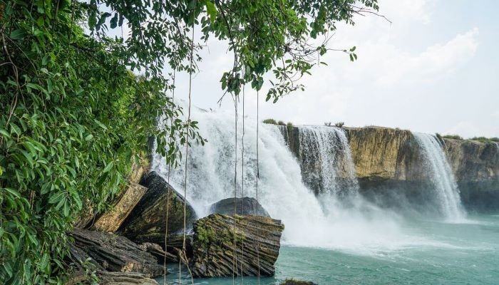 Thác Trinh Nữ gây ấn tượng bởi vẻ đẹp nguyên sơ và quyến rũ. Nước đổ qua những khối đá bazan đen, tạo thành chuỗi bọt trắng xóa giữa rừng già. Buổi sáng sớm, lớp sương mỏng phủ trên mặt suối khiến nơi đây trở nên huyền ảo. Ảnh 123tadi