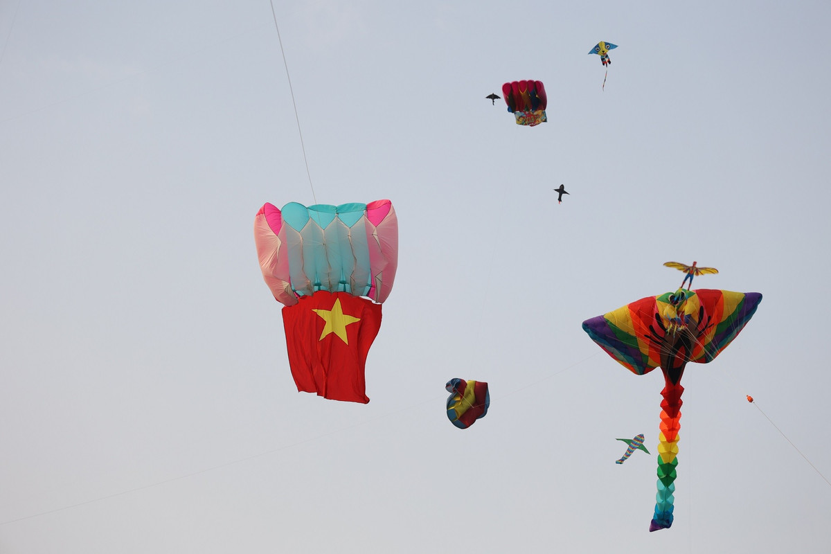 Những cánh diều muôn màu, đủ hình thù từ truyền thống đến hiện đại cùng nhau tung bay trên bầu trời, tạo nên một khung cảnh rực rỡ.
