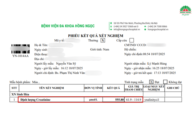 Kết quả xét nghiệm chức năng thận creatinin 555.8 mg/l - tăng gấp 5 lần bình thường - Ảnh BVCC 49h.png