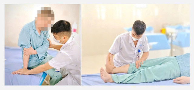 Kỹ thuật viên thực hiện các bài tập ức chế co cứng sau tiêm - Ảnh BVCC co-cung-co-5.jpg