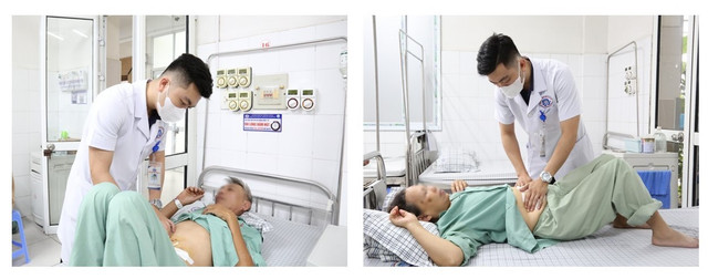 BS. Nguyễn Quang Hoàng đang thăm khám cho người bệnh H và người bệnh T. - Ảnh BVCC thung-ruot-3.jpg