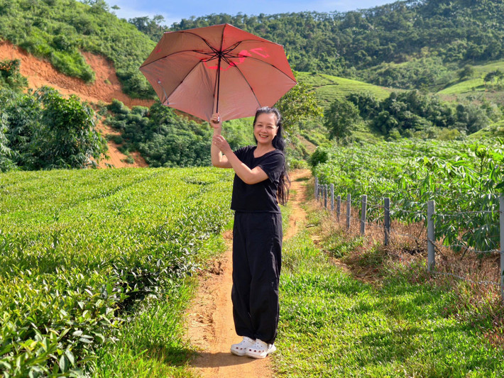Nghệ sĩ Chiều Xuân chụp ảnh ở đồi chè Long Cốc. Ảnh: FB Nguyễn Thị Chiều Xuân