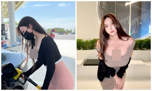 Đỏ mặt hot girl mặc hở khoe vòng ngực một mét khi đi đổ xăng