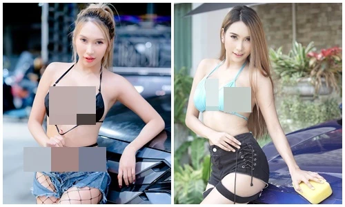 Ngượng đỏ mặt hot girl “mặc như không” khi rửa xe