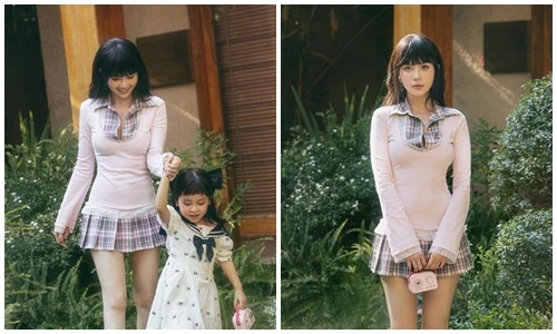 Ngọc Trinh diện đồ như nữ sinh bên con gái nuôi