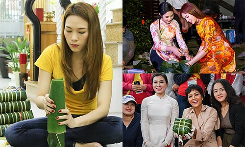 Mỹ Tâm, H'hen Niê xắn tay gói bánh chưng ngày Tết 