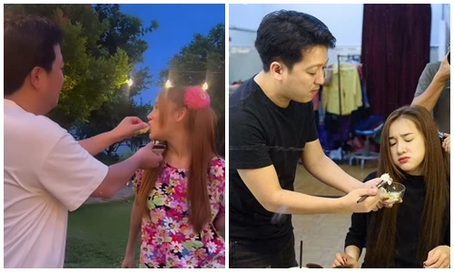 Trường Giang đút cho vợ ăn khi tổ chức tiệc tại biệt thự vườn