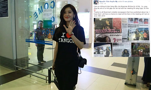 Huyền My được truyền thông Myanmar săn đón khi sang đóng phim