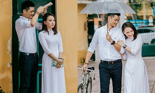 Bảo Thanh diện áo dài trắng, tình tứ bên ông xã mùa khai trường