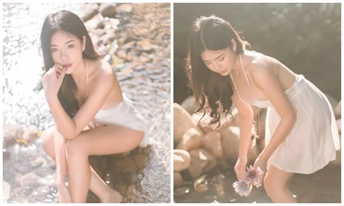 Hot girl mặc váy xuyên thấu, khoét ngực sâu đi tắm suối