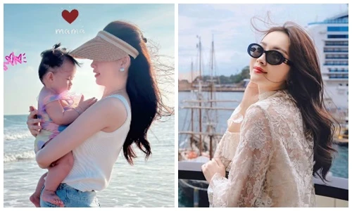 Hoa hậu Đặng Thu Thảo khoe con gái út trong chuyến đi biển
