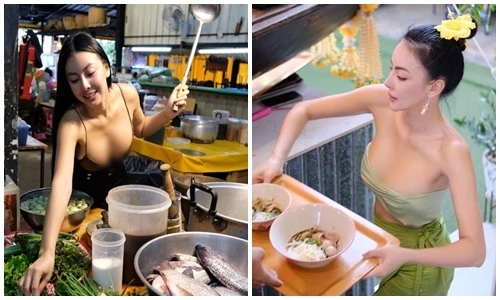 Hot girl mặc hở bạo nấu nướng ở quán ăn nườm nượp khách