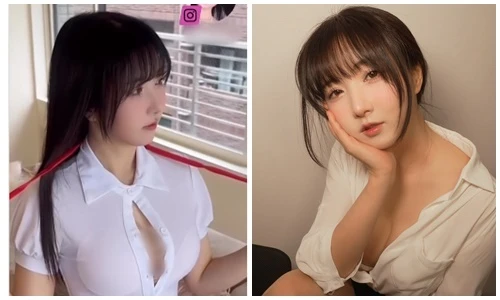 Ngượng đỏ mặt hot girl xinh đẹp diện mốt sơ mi buông cúc