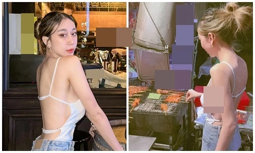 Ngượng đỏ mặt hot girl hớ hênh vòng 1 khi đứng nướng thịt