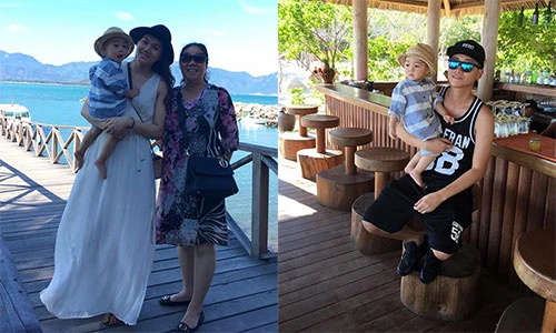 Vợ chồng siêu mẫu Ngọc Thạch dẫn con trai đi biển