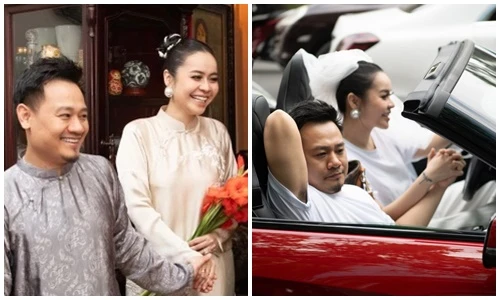 Vũ Hạnh Nguyên lái xe mui trần chở chú rể trong lễ ăn hỏi